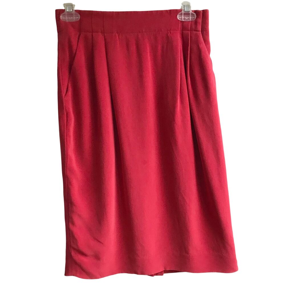 Vintage Dana Buchman 100% Silk Knee Length Skirt Ruched Business Office Red 8